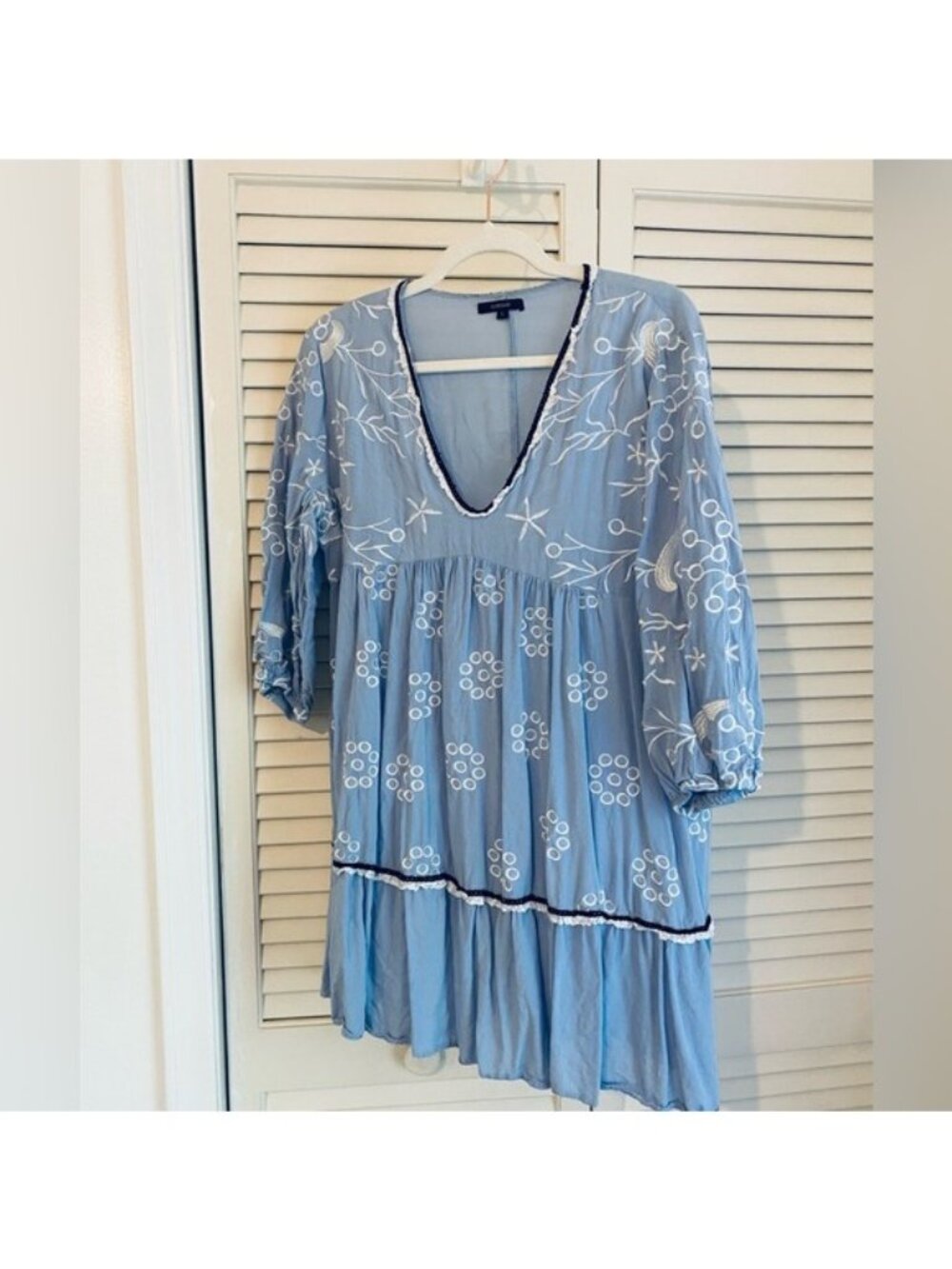 FloryDay Pale Blue Embroidered Lightweight V-Neck Mini Dress Size L